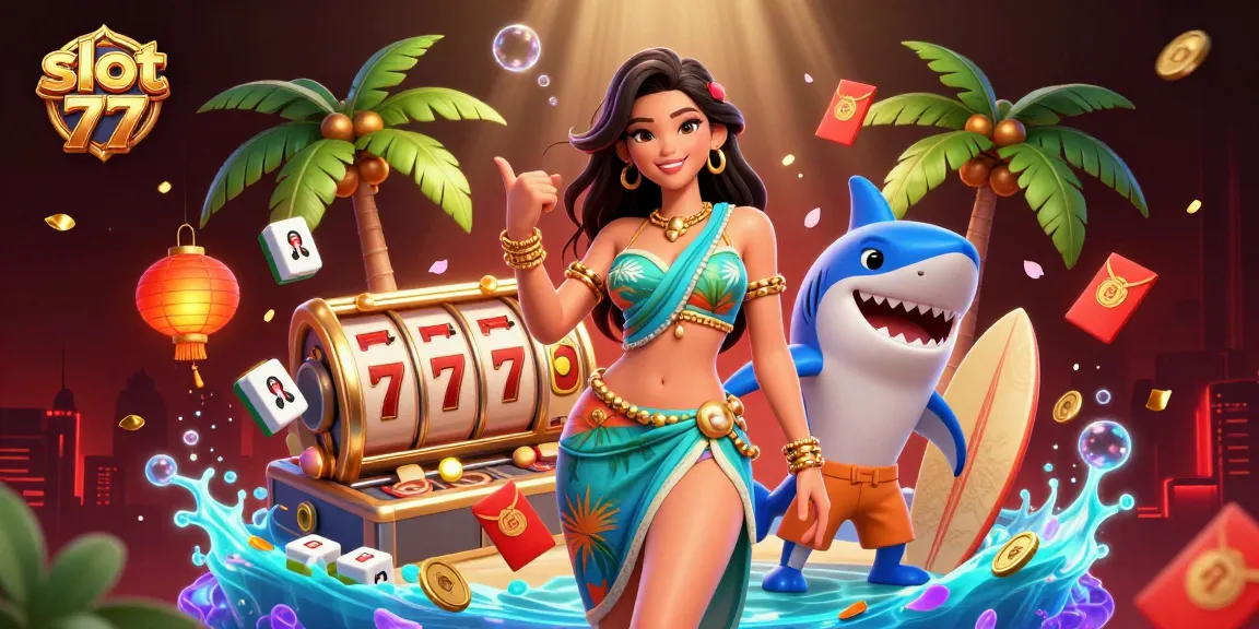Win big with slot 77 in an exciting 3D casino illustration featuring vibrant gaming elements.