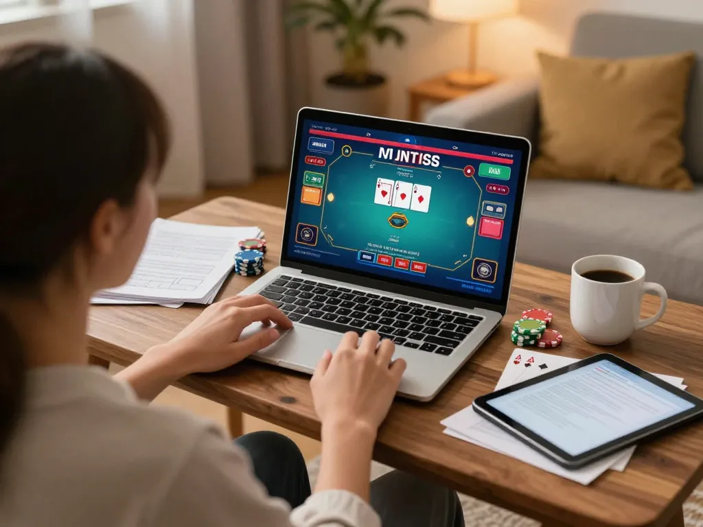 Engaging poker gameplay on MM99 COM at home, showcasing strategic betting and cozy atmosphere.