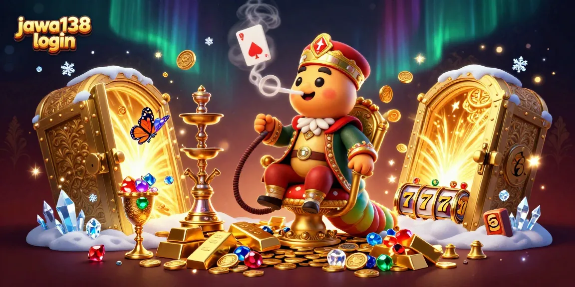 Jawa138 login dan slot bermain dikelilingi oleh koin emas dan simbol jackpot di dunia kasino yang bertenaga.