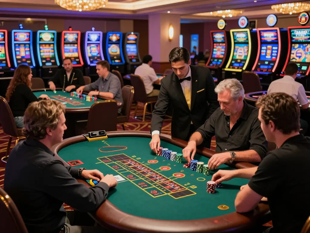 Players engaging in strategic gameplay at 8xbet casino, showcasing an energetic gaming atmosphere with colorful lights.