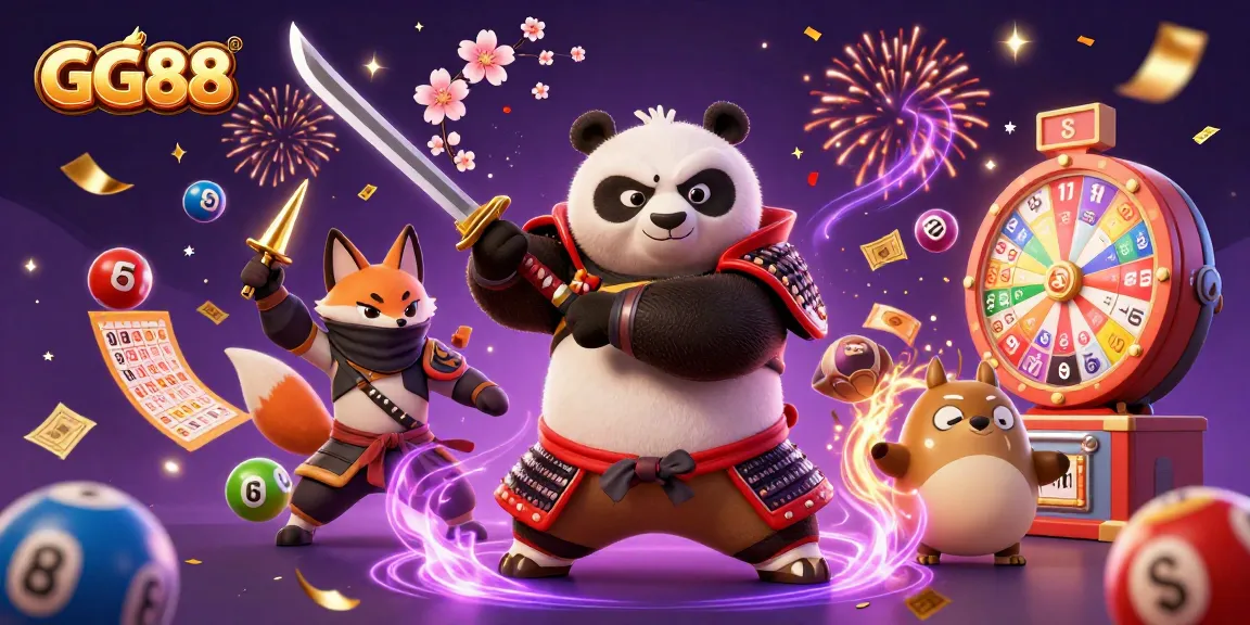 Engage with GG88 through an exciting 3D illustration showcasing vibrant gambling elements and playful characters.