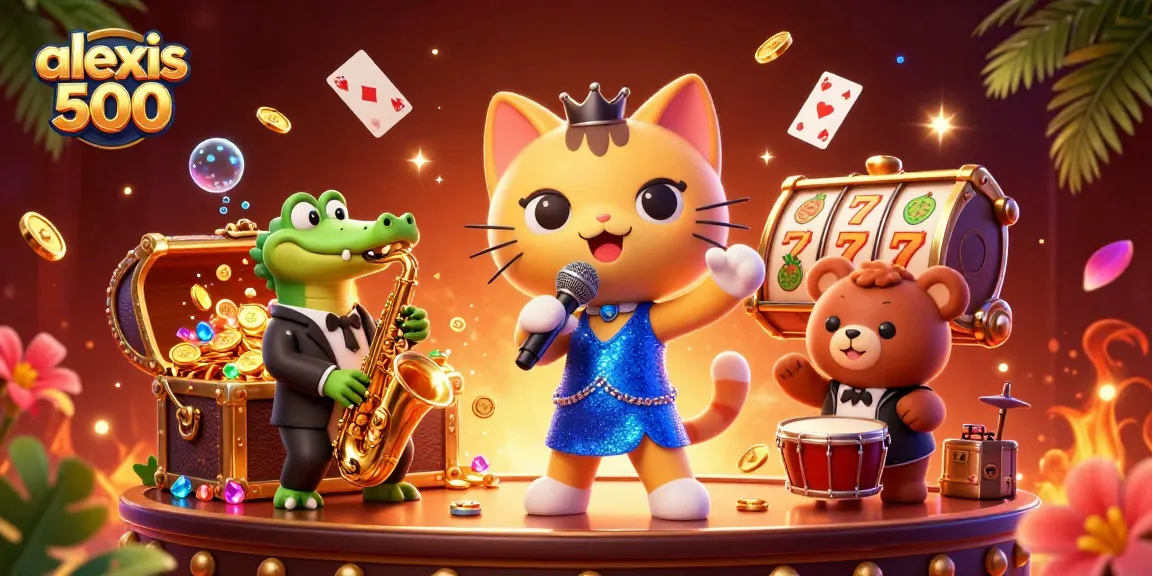 Experience the thrill of alexis 500 with cartoon characters engaging in lively casino action.