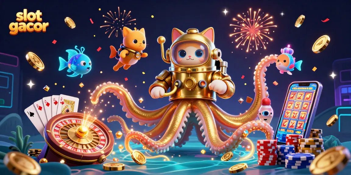 Slot gacor menampilkan kraken 3D dan kucing penyelam di lautan harta, dikelilingi koin emas.
