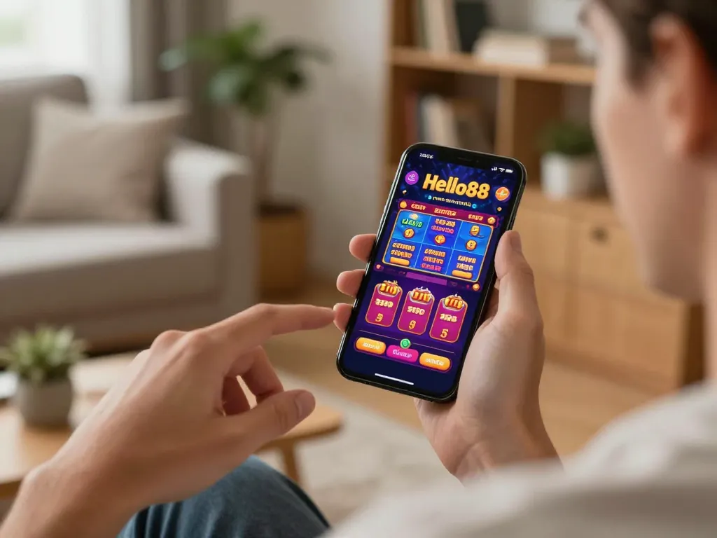 Hello88 app displayed on smartphone showcasing a vibrant online gaming experience in a cozy home.
