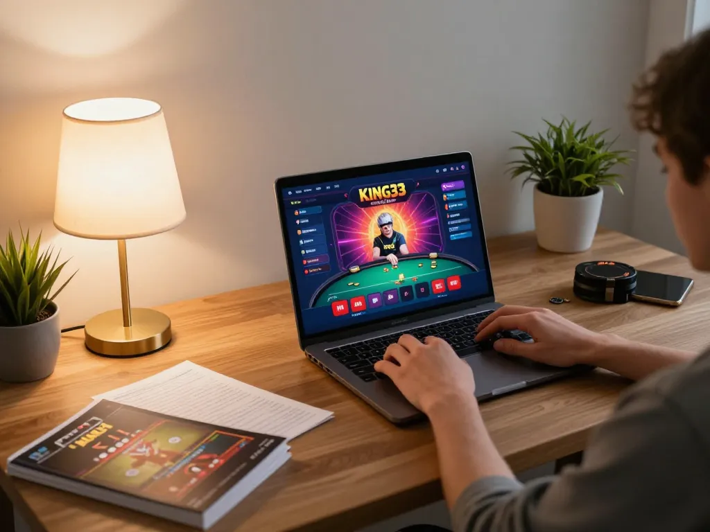 Engaged player exploring King33 online casino gaming on a laptop at home, showcasing a relaxing and strategic environment