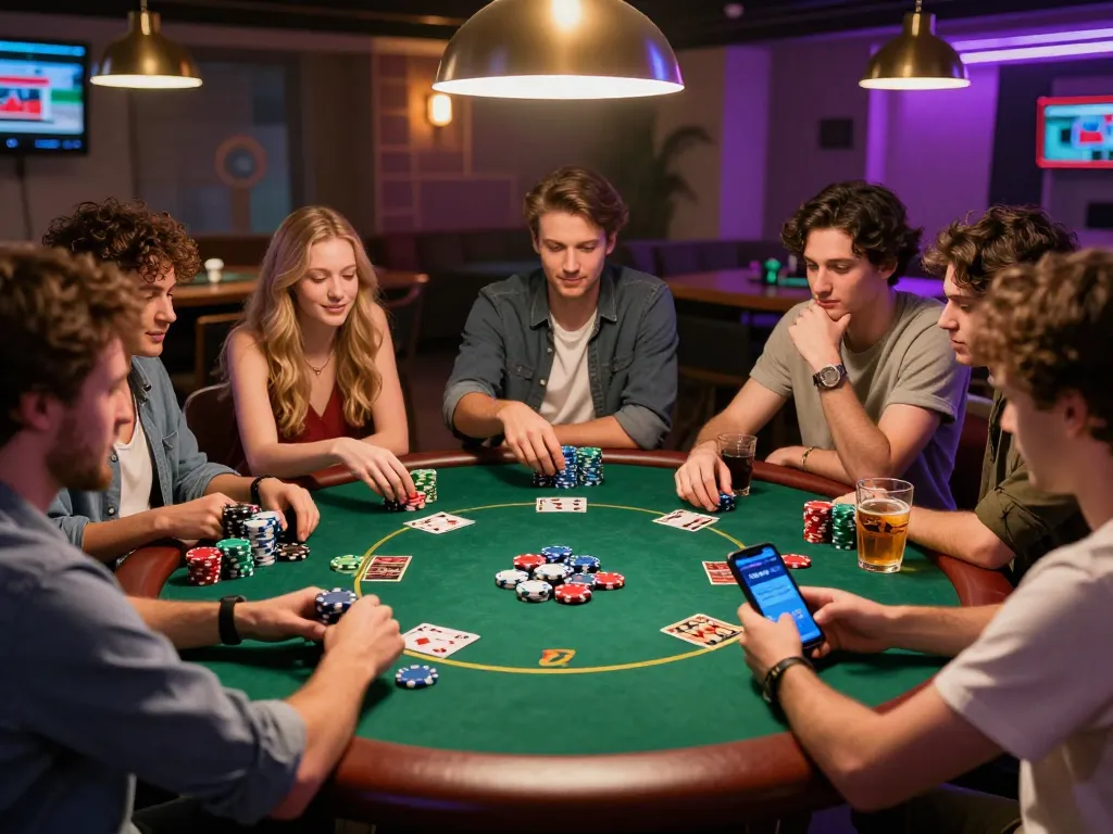 Friends engaging in a lively poker game while using tg88 betting app for added excitement