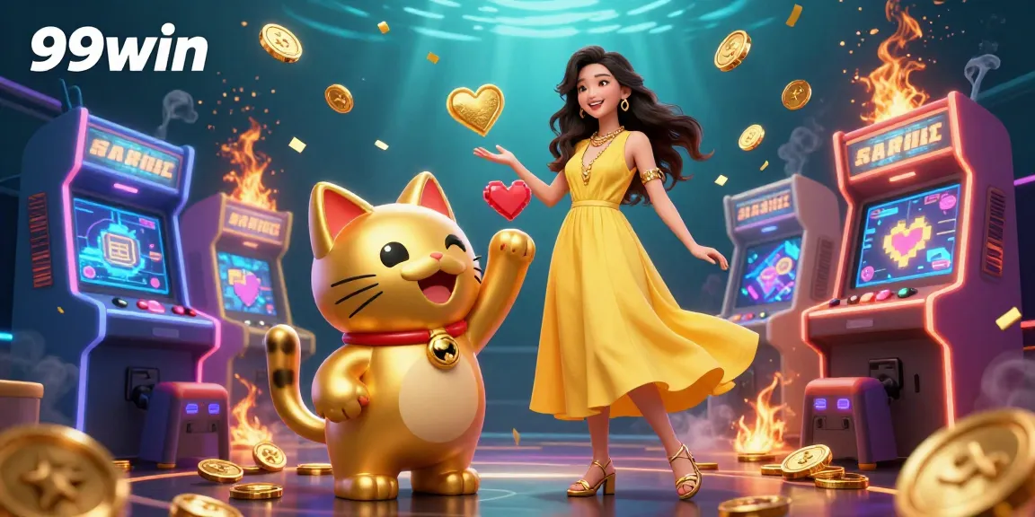 Engage with thrilling 99win casino adventures as a cheerful woman meets a lucky cat amidst vibrant game elements.