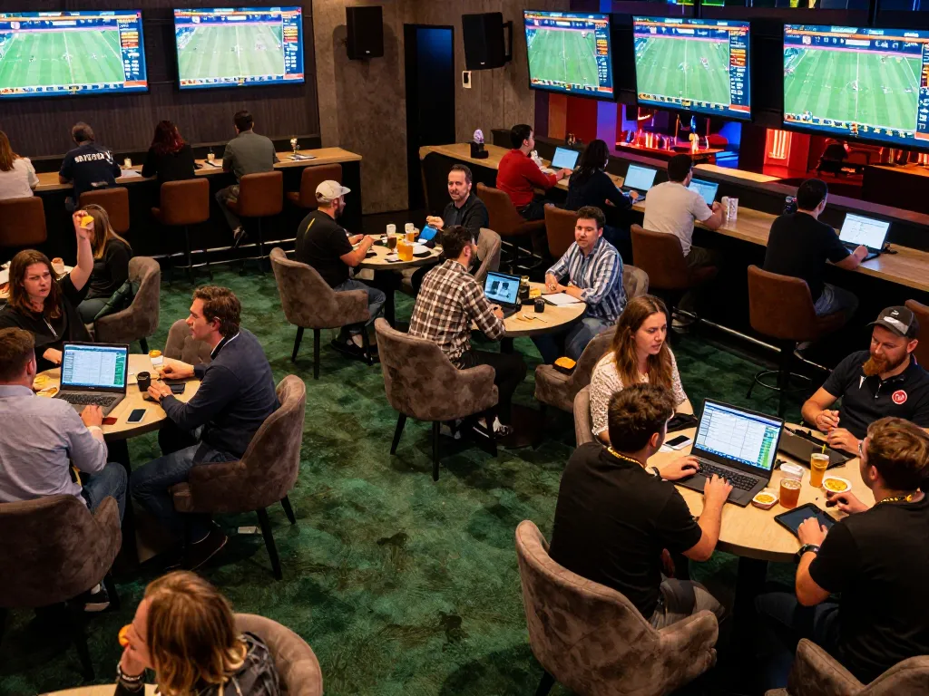 IWIN enthusiasts engaging in live sports betting, analyzing games on multiple monitors