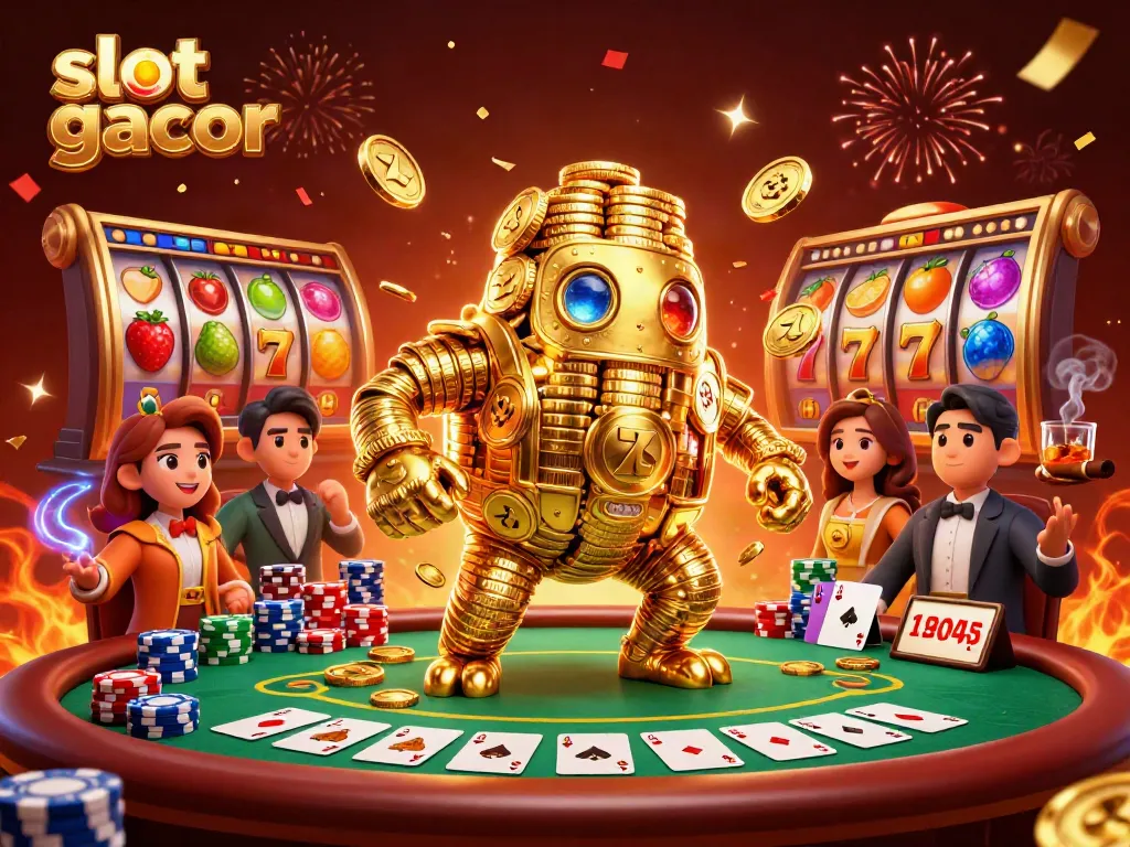 Engaging slot gacor scene featuring a golden golem and vibrant slots amidst casino decor.