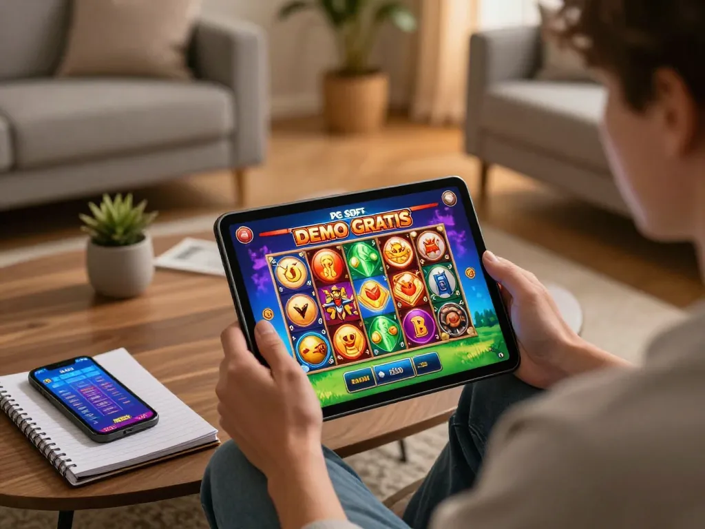 Bermain PG Soft Demo Gratis di tablet dalam suasana ruang tamu yang nyaman.