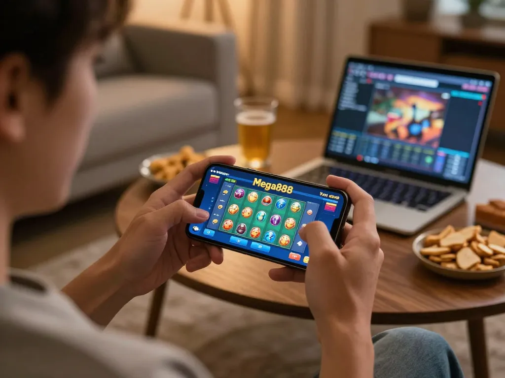 Experience the MEGA888 Tutorial while playing on a mobile device in a cozy home setting