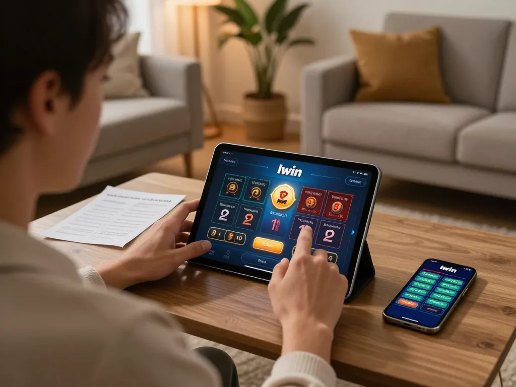 Iwin player engaged in online gaming with tablet and betting notes.