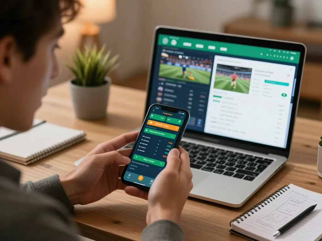 Soi Kèo action, placing live sports bets on a smartphone in a cozy home office.