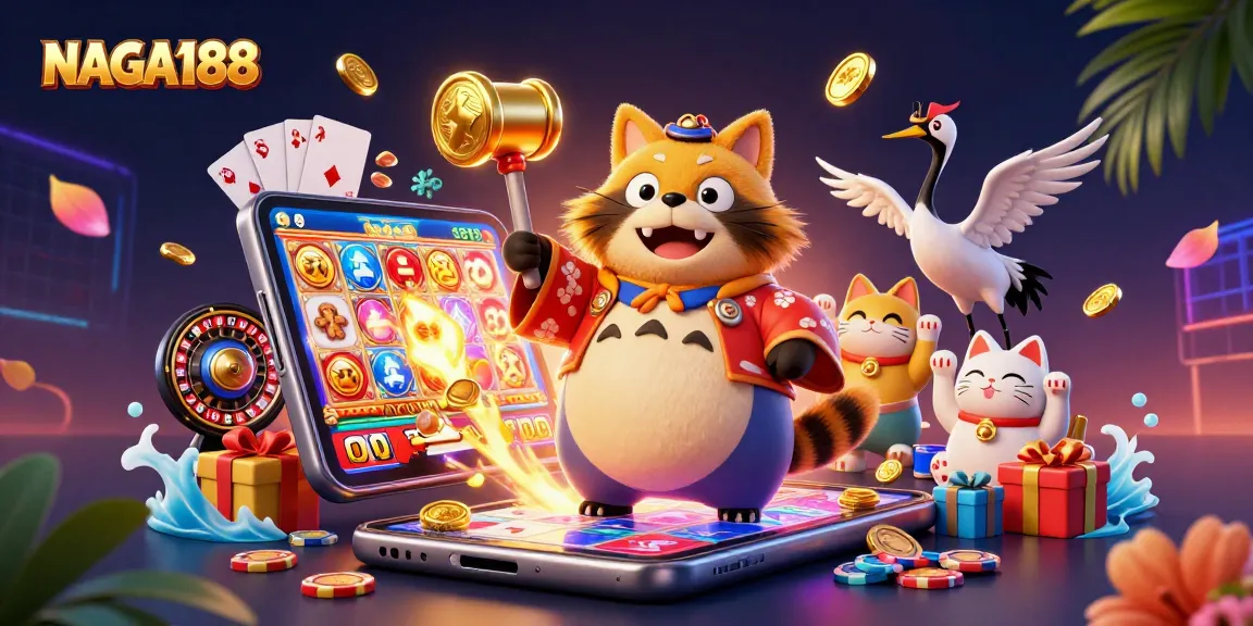NAGA188 memamerkan tanuki bahagia dengan simbol keberuntungan, dikelilingi elemen judi yang ceria.