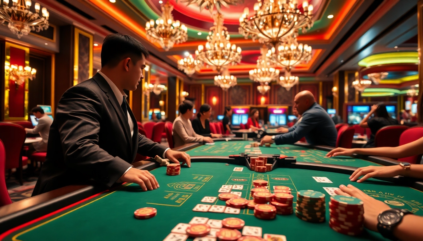 Jazzy atmosphere of xgslot88 casino with colorful chips and vibrant game tables.