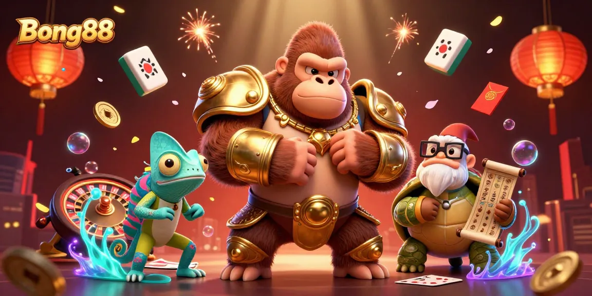 Bong88 showcases thrilling gambling elements like a gorilla king and chameleon companion in a vibrant casino environment.