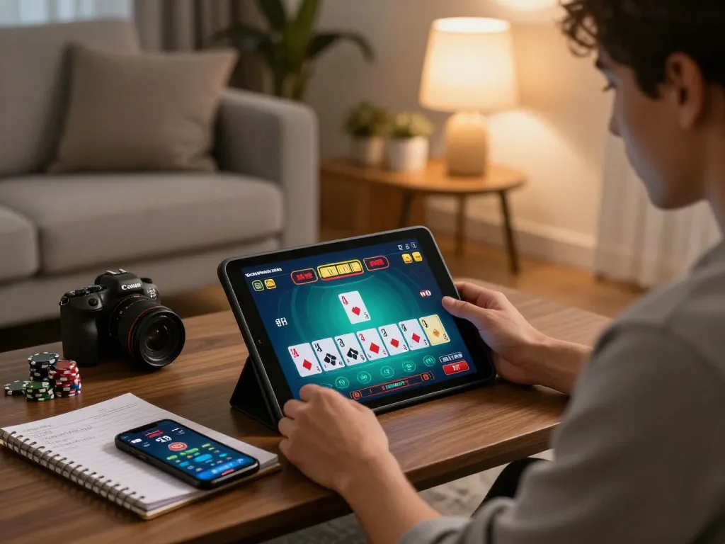 Sunwin player engaged in live dealer game on tablet, showcasing strategic online gambling in cozy home.
