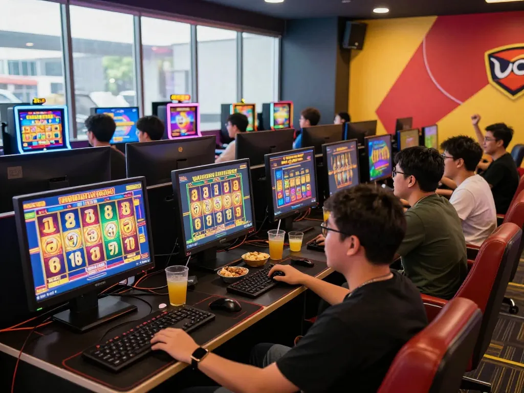 Engaged players enjoying slot gacor hari ini in vibrant gaming lounge with dynamic atmosphere.