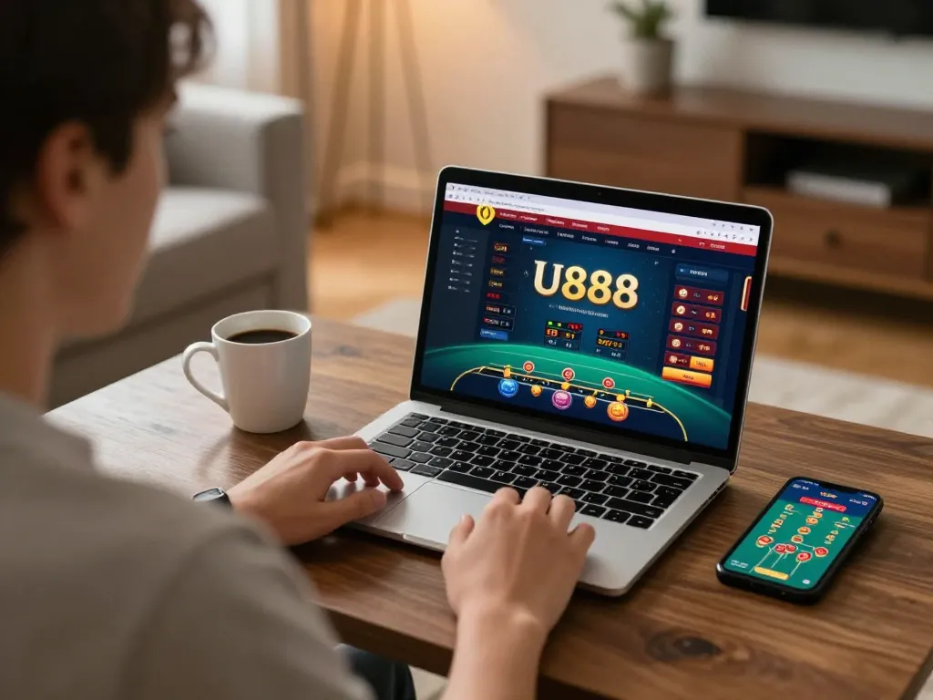 Player engaging in online betting on u888, showing casino app on laptop with strategic notes.