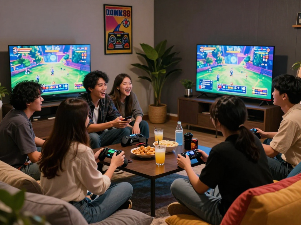 Friends discussing rokok88 slot strategies in a cozy gaming lounge.
