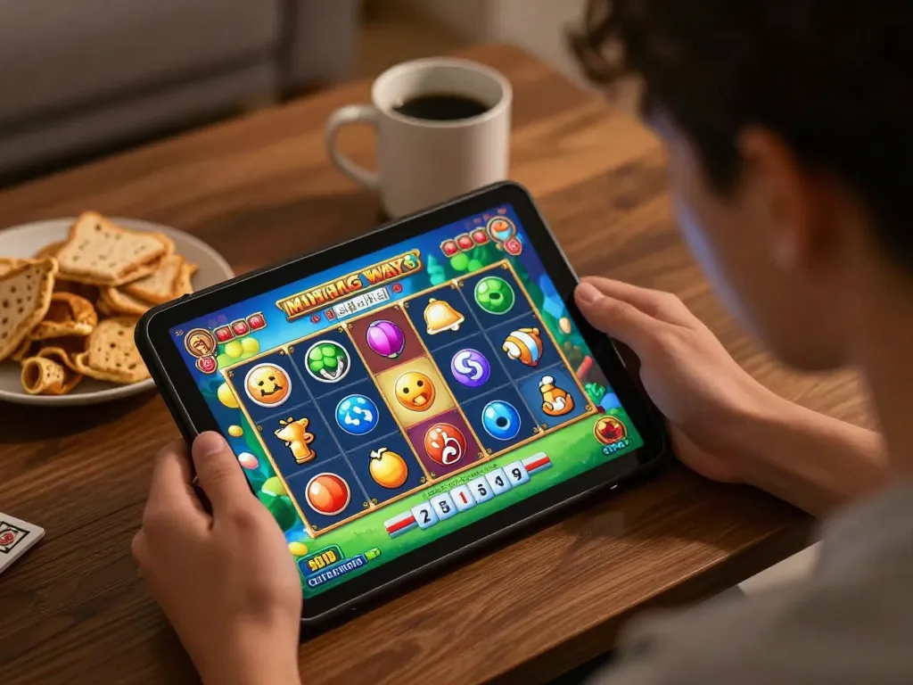 Situs Tempo123 showcases a player enjoying vibrant Mahjong Ways gameplay on a tablet, signaling winning potential.