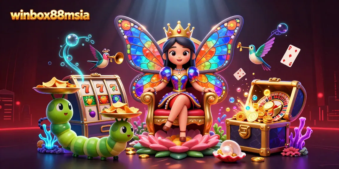 Winbox88msia showcases a vibrant casino scene with a butterfly queen, slots, and gold treasures.