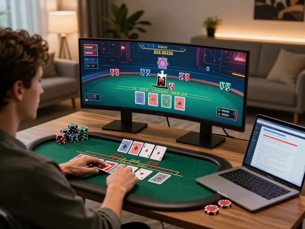 iWin player winning at live dealer blackjack in a stylish home setting with warm lighting.