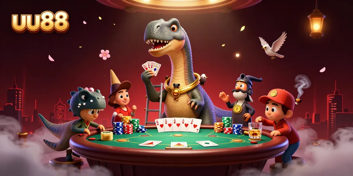 uu88 offers an exciting poker scene with a cartoon brontosaurus and a clever raptor dealer