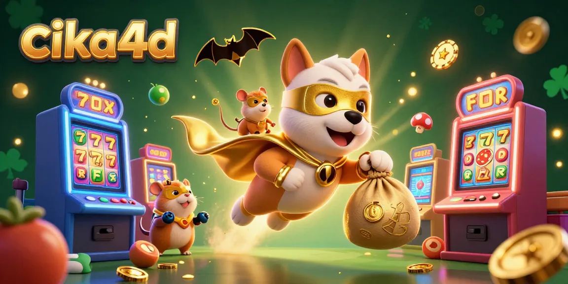 Spin through cika4d's exciting slot adventures with our superhero dog and hamster in a casino-themed illustration.