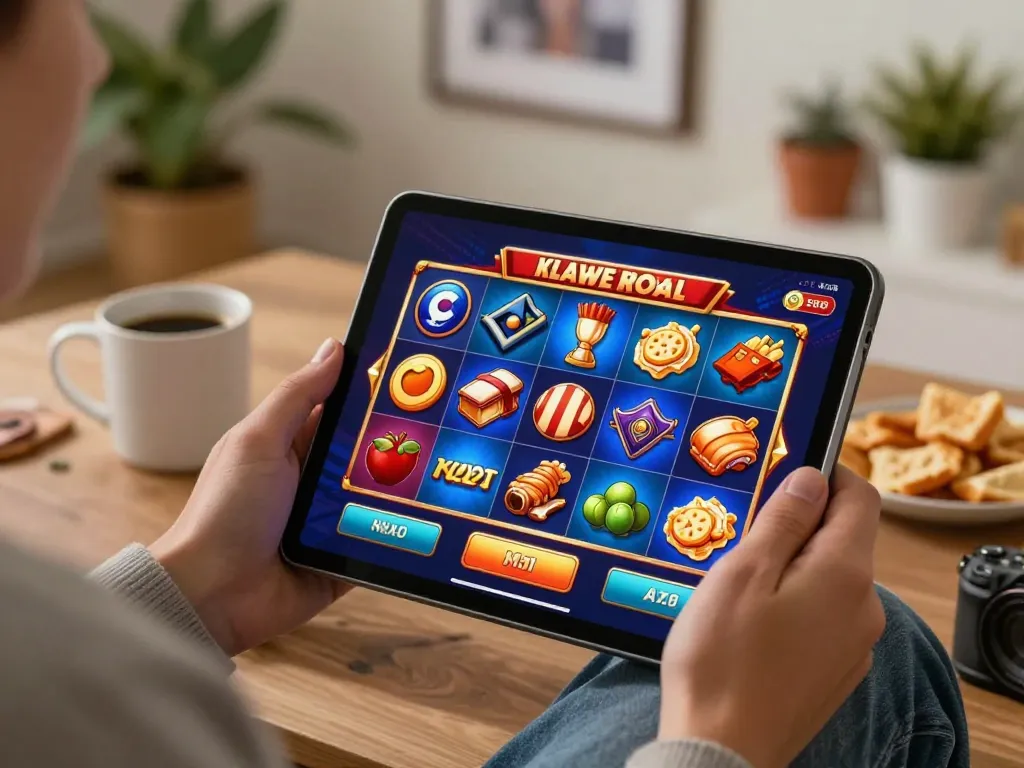 Pemain terlibat dengan permainan slot online hargatoto di tablet, menampilkan grafik yang menarik dan suasana rumah yang santai.