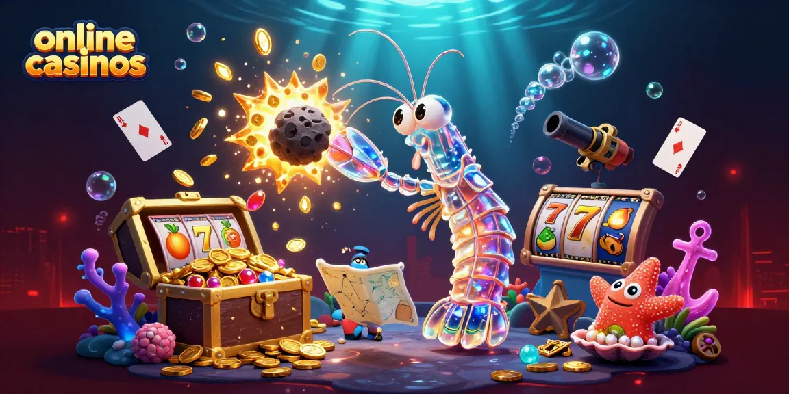 Engage with online casinos through a vibrant scene featuring a galactic mantis shrimp amid slot reels and treasure.