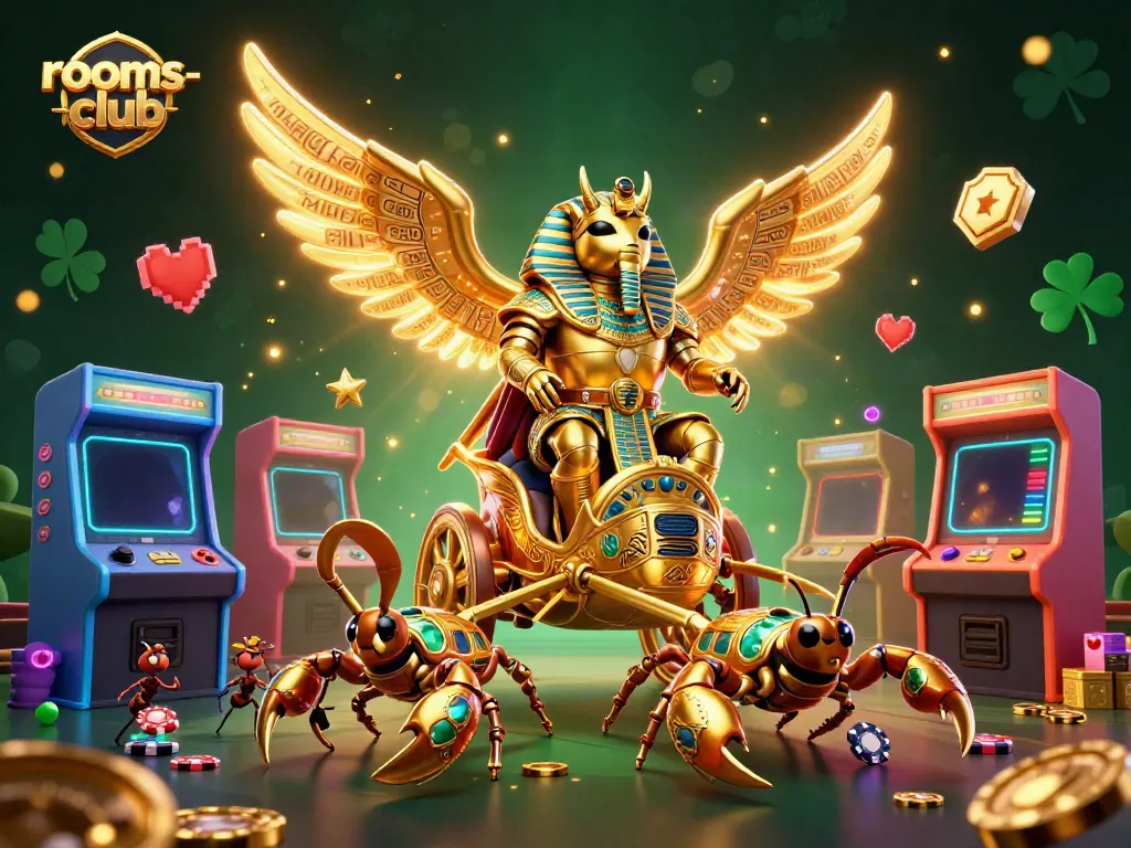 Raih kemenangan dengan rooms-club, gambar ilustrasi kasino 3D penuh warna dan detail.