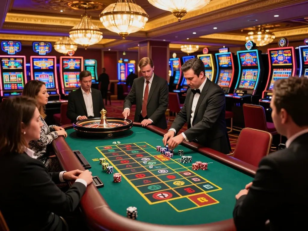 KJC players enjoying an exhilarating roulette game with chips and vibrant casino lights.