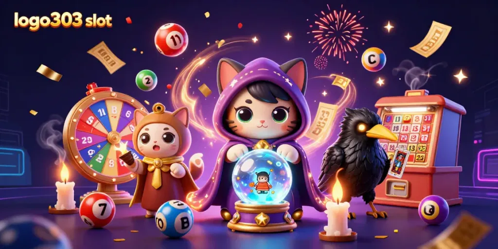 Menggandakan logo303 slot dengan kucing peramal mistis dan permainan lotere, menambah keajaiban bermain judi.
