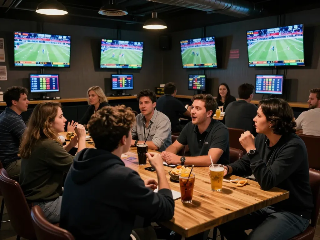 Tỷ Lệ Bóng Đá displayed on multiple screens in a lively sports betting atmosphere with patrons engaged
