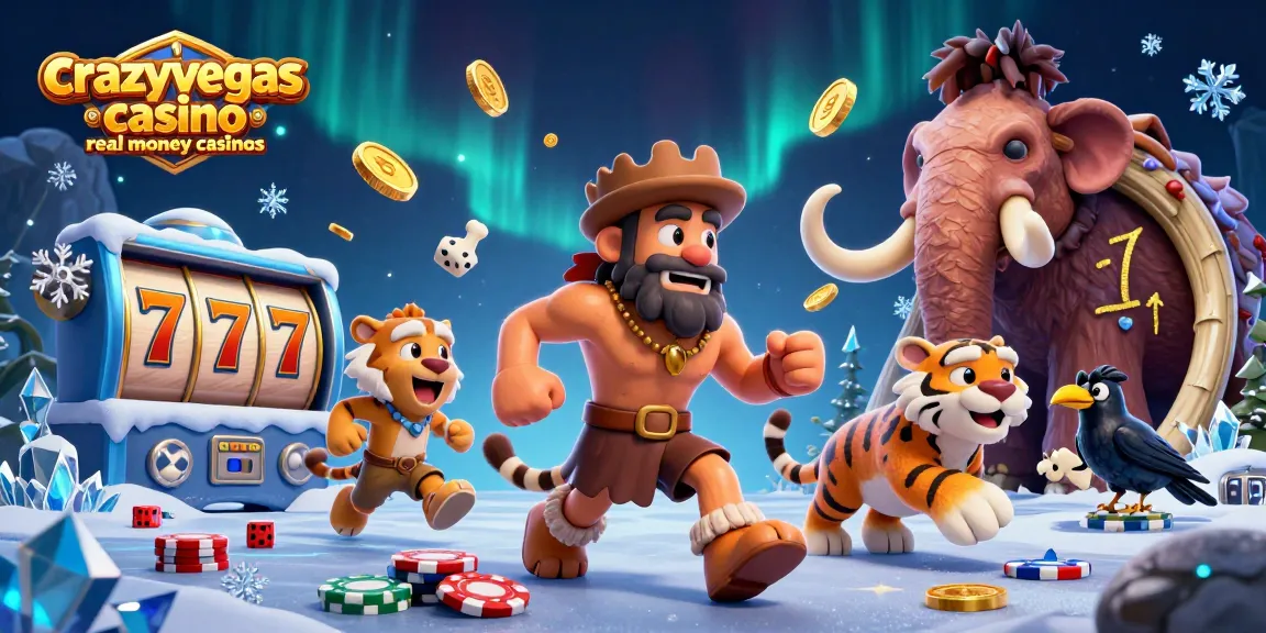 Crowd of characters enjoying crazyvegas casino real money casinos with vibrant slot reels and ancient themes