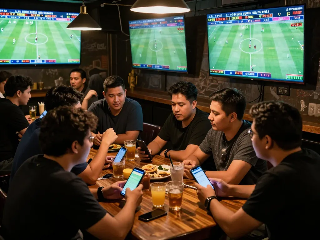 People celebrating while engaging with kèo nhà cái sports betting in a lively bar atmosphere.