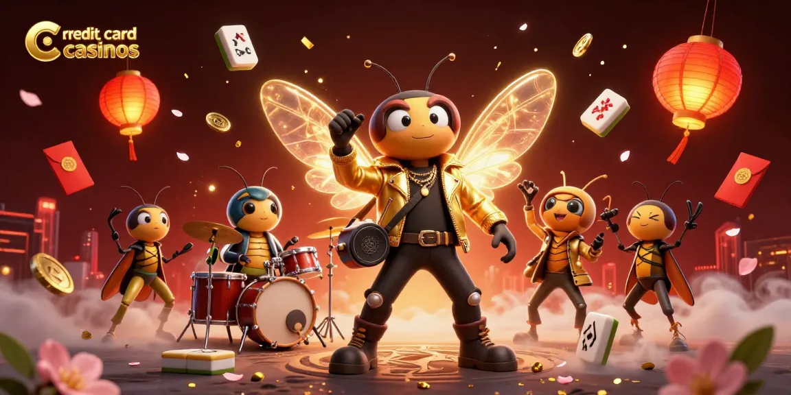 Engage with credit card casinos through vibrant 3D cartoon festivities of a cicada rock star and dynamic elements.