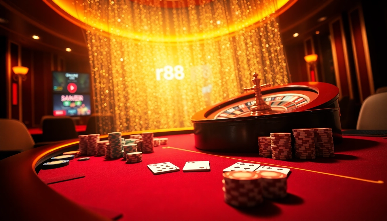 Experience the thrill of rr 88 with vibrant casino visuals featuring roulette, poker chips, and table games.