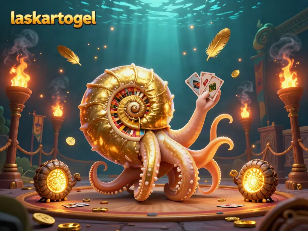 Join the excitement at Laskartogel with a giant nautilus, cards, and glowing treasure amidst a vibrant casino scene.