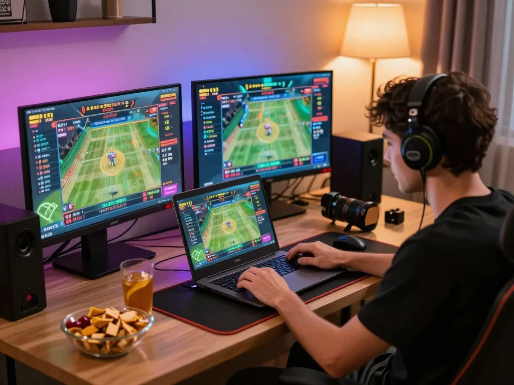 Player enjoying an immersive gaming experience with tot88 online betting interface and vibrant LED lighting in a modern environment.