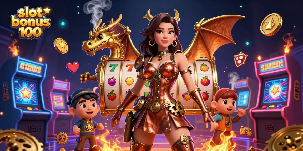 Experience the excitement of slot bonus 100 with vibrant characters and gaming elements in this dynamic casino scene.
