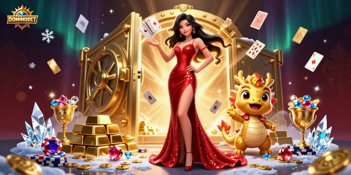 Join the thrilling poker action at DOMINOBET with dynamic elements enveloping a stunning woman and golden treasures.