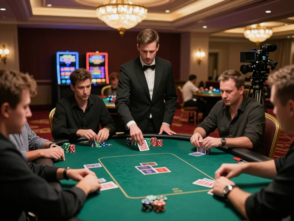 Engaged players at a poker table showcase strategic moves in the playstation-experience casino.