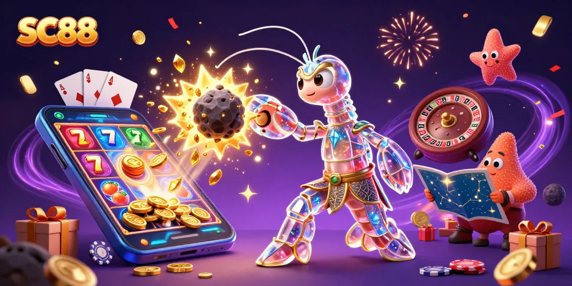Experience thrilling SC88 slot action with a galactic samurai mantis shrimp amidst dazzling gems and coins.
