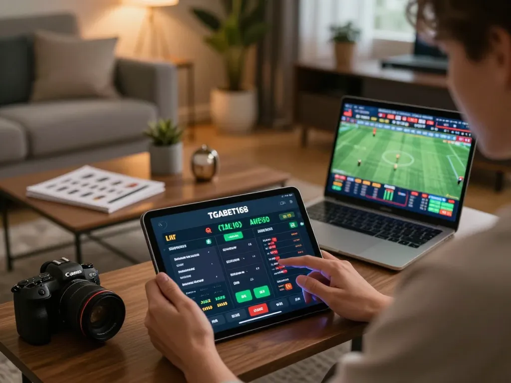 Engaging with the TGABET168 app for sports betting in a cozy home setting, highlighting strategic gameplay.