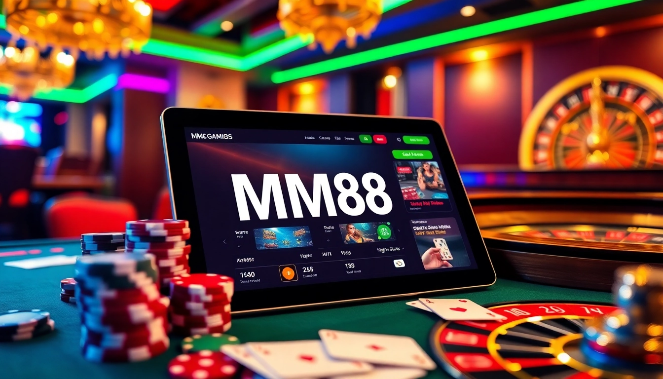 Experience MM88 online gaming with vibrant casino visuals, poker chips, and roulette wheels.