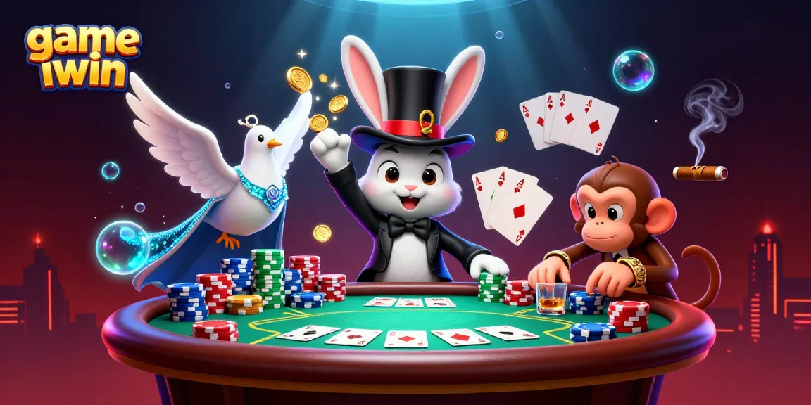 Engage in game iwin, featuring a magician rabbit, dove assistant, and monkey with poker chips.