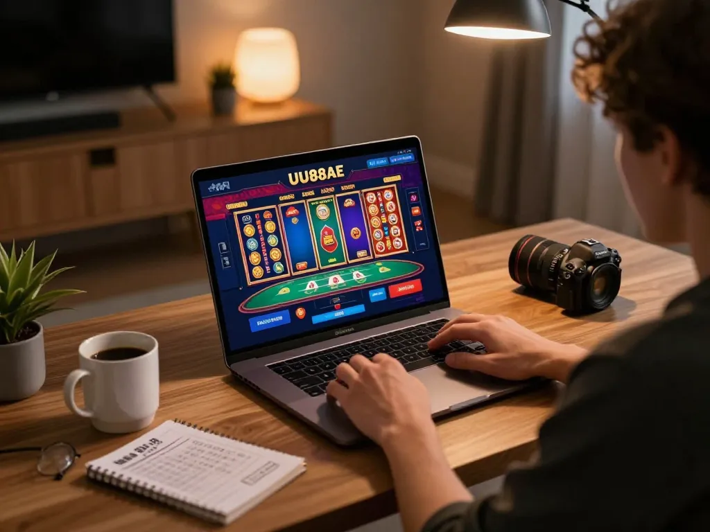 Player strategizing with UU88AE on laptop in stylish home office setting, conveying online gaming atmosphere.