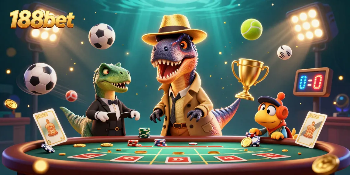 Bet on exciting games with 188bet featuring vibrant dinosaurs in a colorful casino scene.